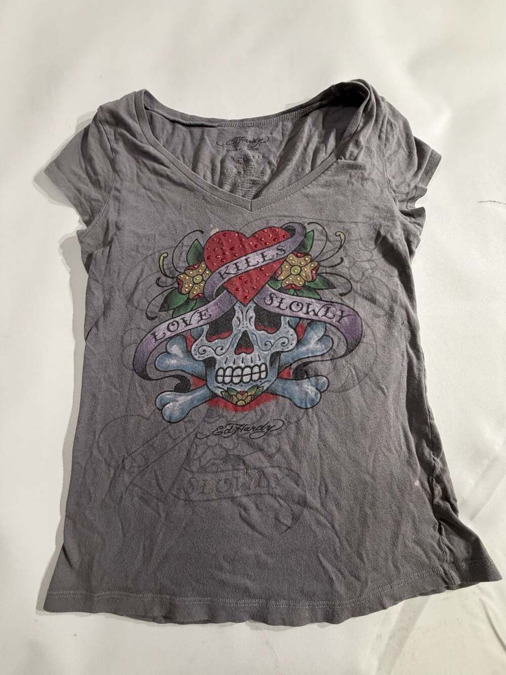Ed Hardy Love Kills Slowly Skull V-Neck Graphic T-Shirt Gray L